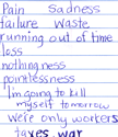 pain sadness failure waste running out of time loss nothingness pointlessness I'm going to kill myself tomorrow we're only workers taxes war